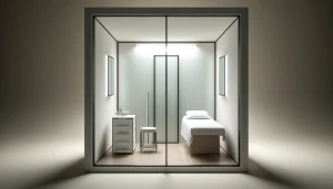 DALL·E 2024 05 25 14.09.48 A modern spa room measuring 7x10 feet with a very plain and minimalistic design. The room has frosted glass walls on two of the four sides providing